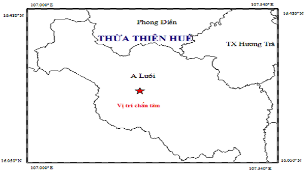 Vị trí xảy ra động đất có độ lớn 2,4 độ richter tại huyện A Lưới vào chiều ngày 18/2