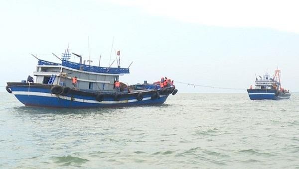 Hai tàu giã cào bay khai thác thủy sản trái phép trên biển TT- Huế. Ảnh: Ngọc Bình