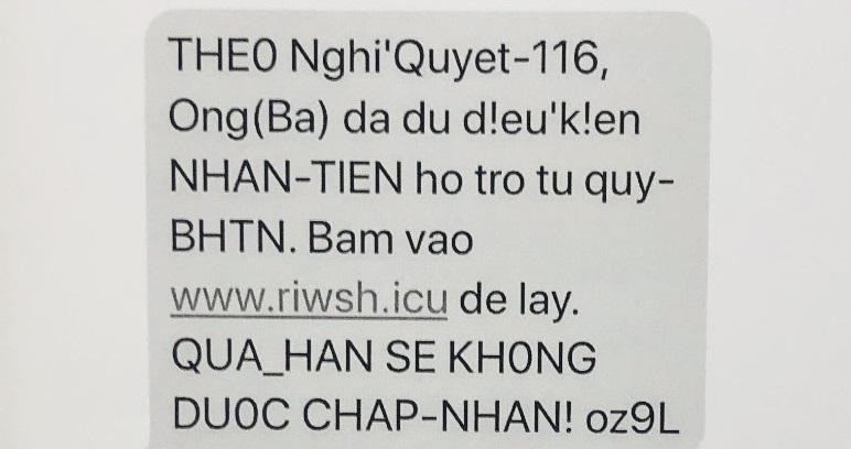 Đối tượng nhắn tin về nhận tiền hỗ trợ thất nghiệp do dịch COVID-19 để lừa đảo.