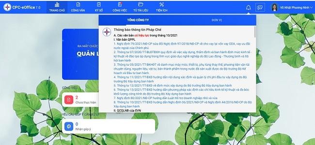 Hệ thống CPC-eOffice thông báo về các văn bản hết hiệu lực, sắp có hiệu lực đến người dùng.