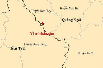 Vị trí tâm chấn (dấu sao) trận động đất trưa nay ở Quảng Ngãi.