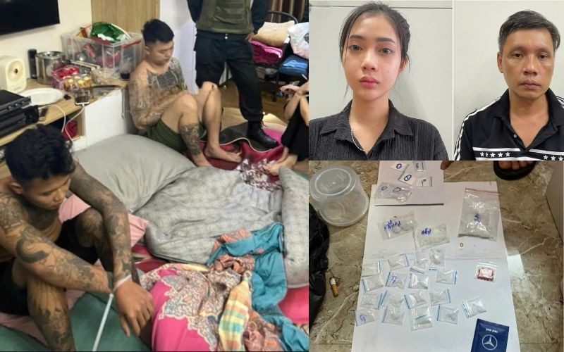 Các đối tượng cùng bay lắc với nữ quái Vũ Thị Kim Minh cùng tang vật. Ảnh: Công an tỉnh Hòa Bình