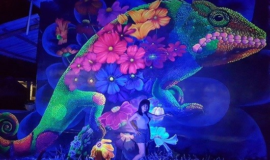 Bức họa 3D chú tắc kè hoa phát sáng về đêm.