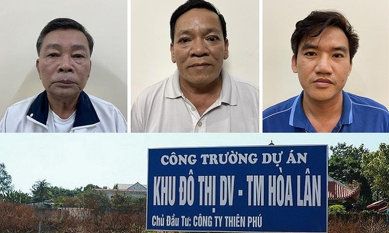 Các bị can từ trái qua, gồm: Bùi Thế Sơn, Trần Văn Tấn và Đặng Bình Anh Trọng