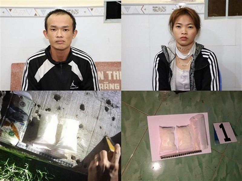 Đối tượng Phạm Tấn Tài và đối tượng Trần Thị Nhiễn cùng tang vật. (Ảnh: CTTĐT BCA)