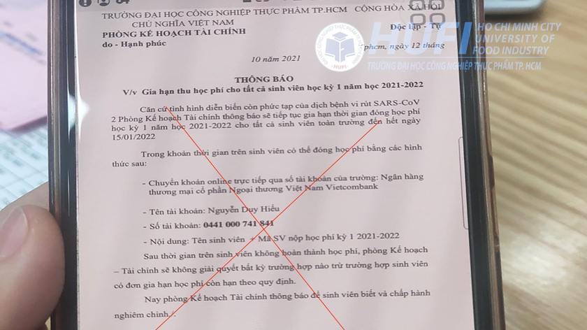 Cảnh báo việc giả mạo thông báo đóng học phí đến số tài khoản lạ.