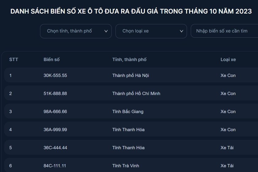 Biển số ngũ 5 Hà Nội và ngũ 8 TP Hồ Chí Minh trong danh sách đấu giá lại. Ảnh CMH