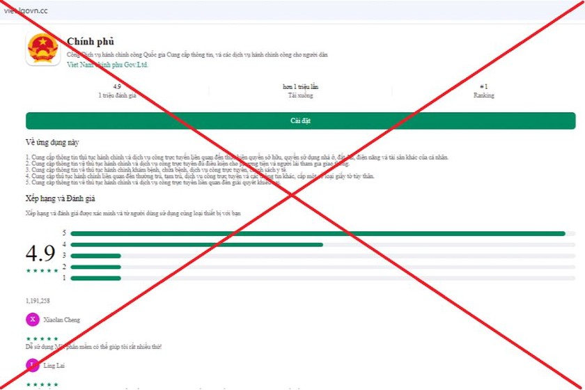 Link giả mạo ứng dụng Cổng dịch vụ công quốc gia. Ảnh: CACC