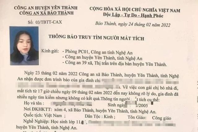 Cơ quan chức năng phát thông báo truy tìm nữ sinh mất tích