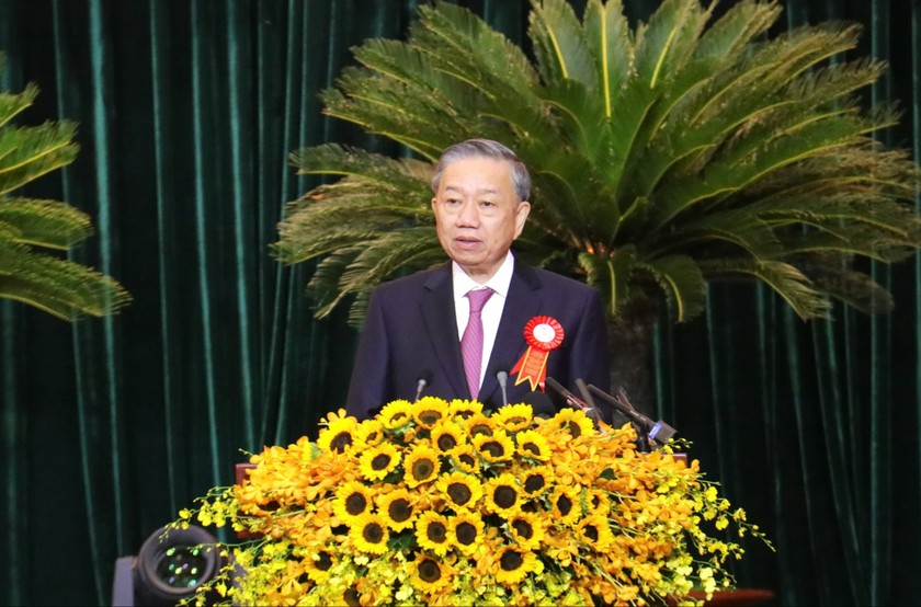 Đại tướng Tô Lâm, Tổng Bí thư, Chủ tịch nước phát biểu tại Lễ kỷ niệm. Ảnh Hoàng Thịnh
