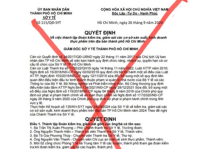 Nội dung giả mạo về việc Sở Y tế ban hành Quyết định và Thông báo thành lập Đoàn kiểm tra, giám sát... 