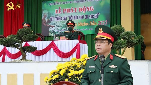 Thượng tá Ngô Nam Cường, Chỉ huy trưởng Bộ Chỉ huy Quân sự tỉnh phát biểu tại buổi lễ.
