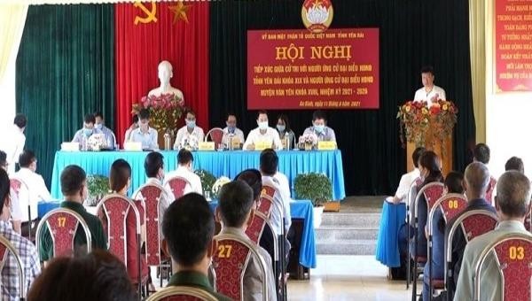 Hội nghị tiếp xúc cử tri với các ứng cử viên đại biểu HĐND khóa XIX đơn vị bầu cử số 10 tại xã An Bình, huyện Văn Yên, tỉnh Yên Bái.