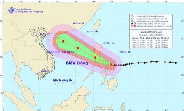 Hình ảnh mới nhất về hướng đi của cơn bão Rammasun.