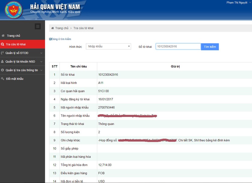 Giao diện Cổng thông tin tờ khai hải quan điện tử. 