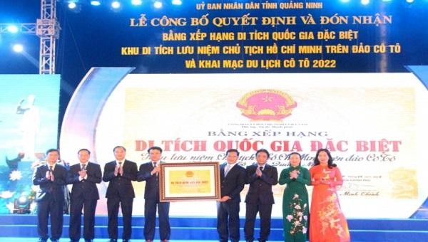 Huyện Cô Tô đón nhận Bằng xếp hạng Di tích quốc gia đặc biệt Khu lưu niệm Chủ tịch Hồ Chí Minh trên đảo Cô Tô.