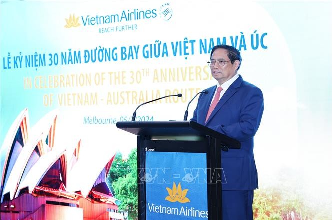 Thủ tướng Phạm Minh Chính phát biểu tại Lễ kỷ niệm 30 năm mở đường bay Việt Nam - Australia của Vietnam Airlines. Ảnh: Dương Giang/TTXVN 
