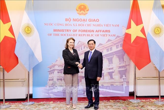 Bộ trưởng Ngoại giao Bùi Thanh Sơn đón Bộ trưởng Ngoại giao, Ngoại thương và Tôn giáo Argentina Diana Elena Mondino. Ảnh: Lâm Khánh/TTXVN 