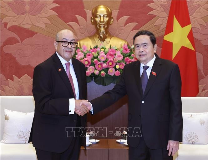 Chủ tịch Quốc hội Trần Thanh Mẫn tiếp ông Najib El Khadi, Tổng Thư ký Hạ viện Morocco kiêm Chủ tịch Hiệp hội Tổng Thư ký Nghị viện thế giới. Ảnh: Thống Nhất/TTXVN