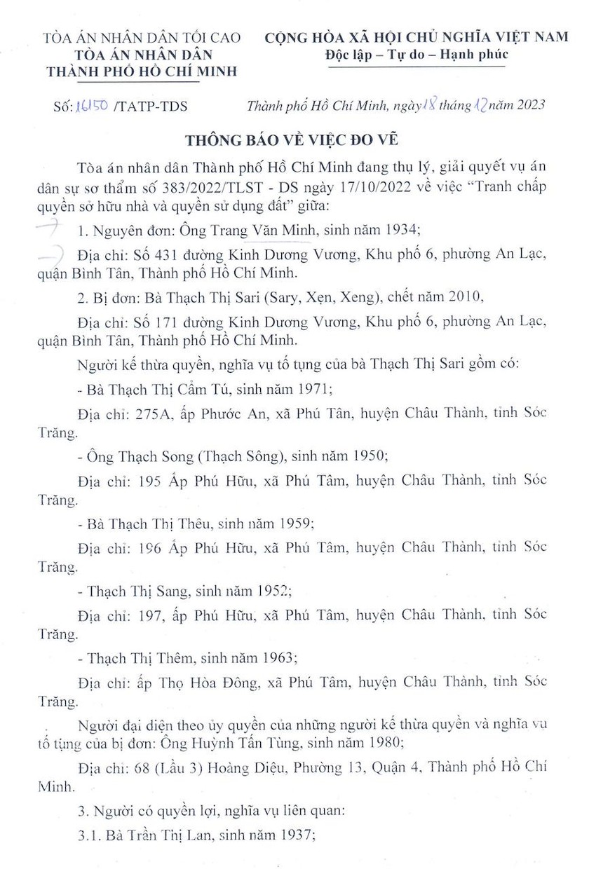 Vụ tranh chấp nhà đất kéo dài hơn 20 năm tại TP Hồ Chí Minh: Bao giờ TAND TP Hồ Chí Minh đưa ra xét xử? ảnh 1