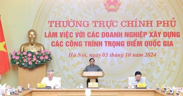 Thủ tướng Phạm Minh Chính chủ trì cuộc làm việc của Thường trực Chính phủ với các doanh nghiệp xây dựng các công trình trọng điểm quốc gia - Ảnh: VGP/Nhật Bắc