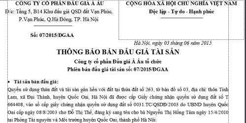 Thông báo bán đấu giá tài sản