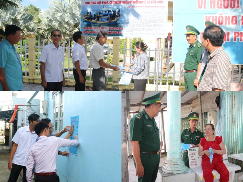 Đoàn công tác phát tờ gấp, dán áp phích, lắp đặt pano tuyên truyền IUU cho bà con ngư dân ở xã Vĩnh Thịnh (huyện Hòa Bình) khai thác đúng theo quy định của pháp luật, không đưa tàu cá, ngư dân sang vùng biển nước ngoài khai thác hải sản trái phép.