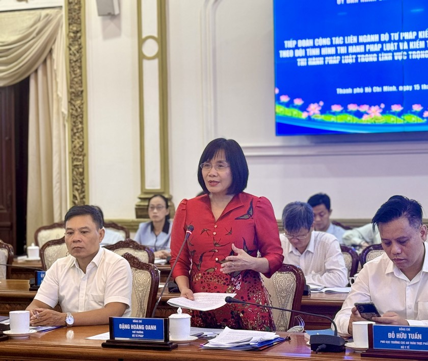 Thứ trưởng Bộ Tư pháp Đặng Hoàng Oanh dẫn đầu Đoàn kiểm tra liên ngành tiến hành kiểm tra công tác theo dõi tình hình thi hành pháp luật và kiểm tra tình hình thi hành pháp luật trong lĩnh vực trọng tâm, liên ngành tại UBND TP Hồ Chí Minh