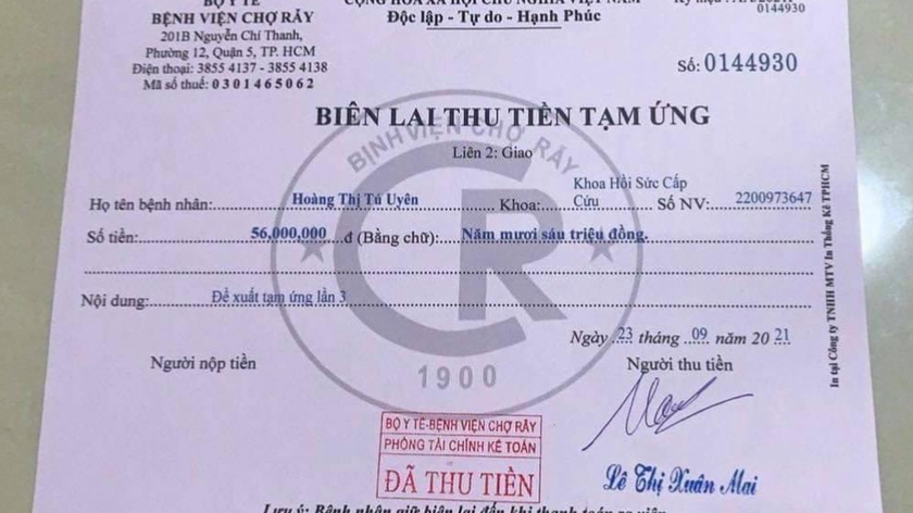 Biên lai thu tiền tạm ứng giả Bệnh viện Chợ Rẫy. Ảnh: BVCC