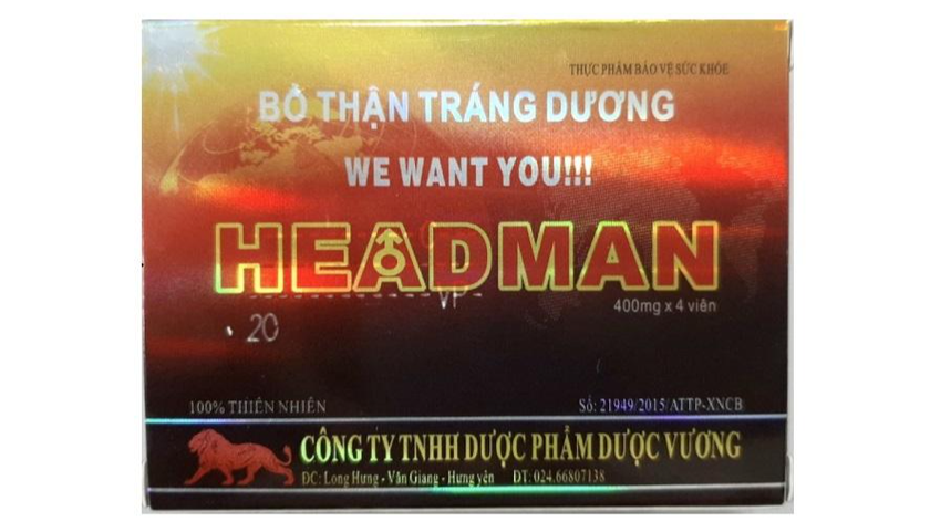 Mặt trước của Thực phẩm bảo vệ sức khỏe Bổ thận Tráng dương HEADMAN. Ảnh: Cục An toàn thực phẩm