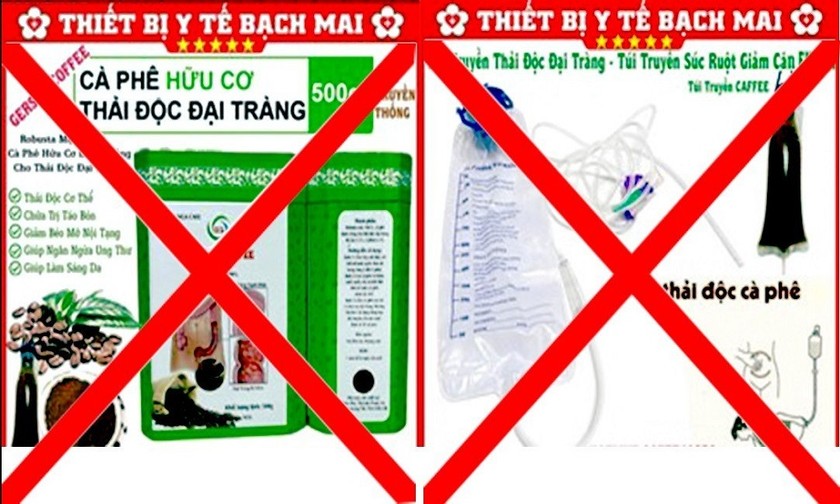 Dụng cụ và cà phê để thụt bán tràn lan trên mạng với giá rẻ, thậm chí nhái tên và logo của Bệnh viện Bạch Mai. Ảnh: BVCC