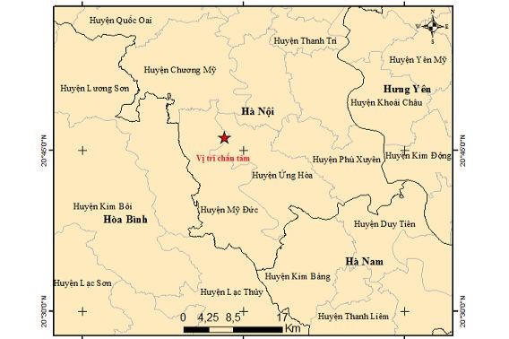 Vị trí tâm chấn của trận động đất sáng nay tại Hà Nội. Ảnh: Viện Vật lý Địa cầu