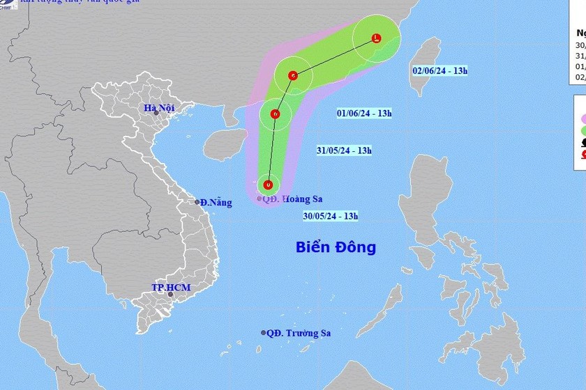 Dự báo vị trí, hướng di chuyển của áp thấp nhiệt đới trên Biển Đông. Ảnh: nchmf.gov.vn