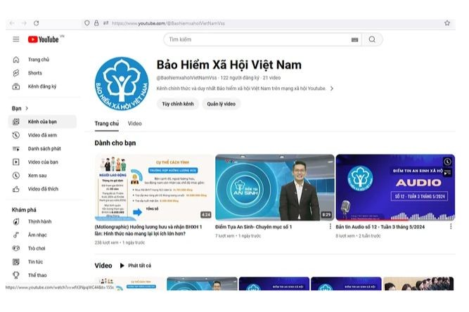 Giao diện kênh YouTube của BHXH Việt Nam.