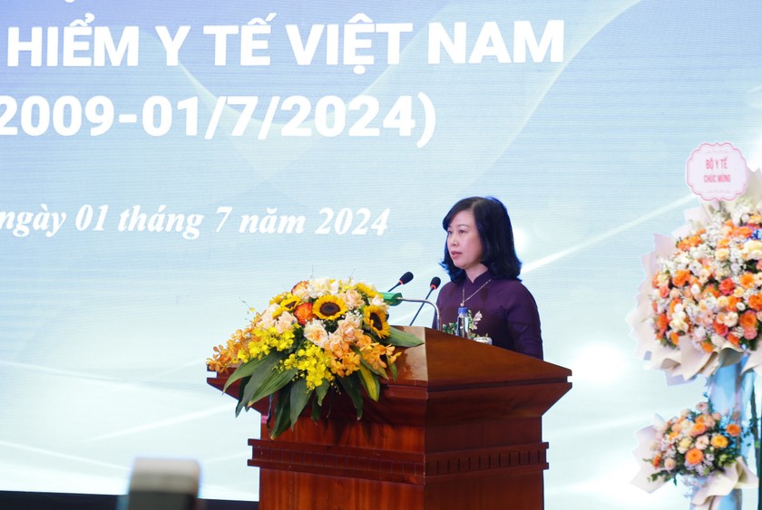 Bộ trưởng Bộ Y tế Đào Hồng Lan phát biểu tại Lễ Mít tinh kỷ niệm 15 năm ngày BHYT Việt Nam.