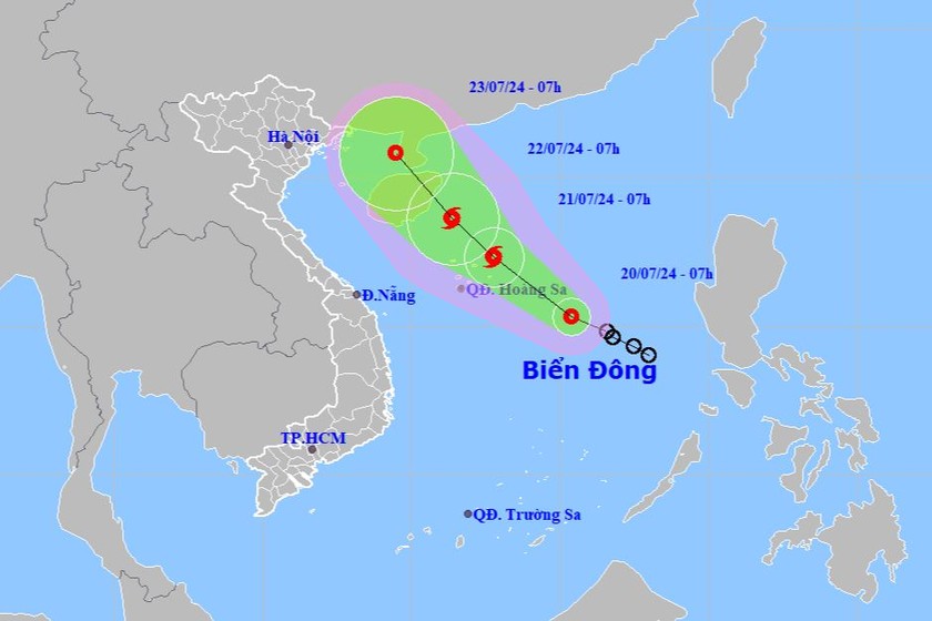 Đến 19h tối nay (20/7) vị trí tâm áp thấp nhiệt đới cách quần đảo Hoàng Sa 180km. Ảnh: nchmf.gov.vn