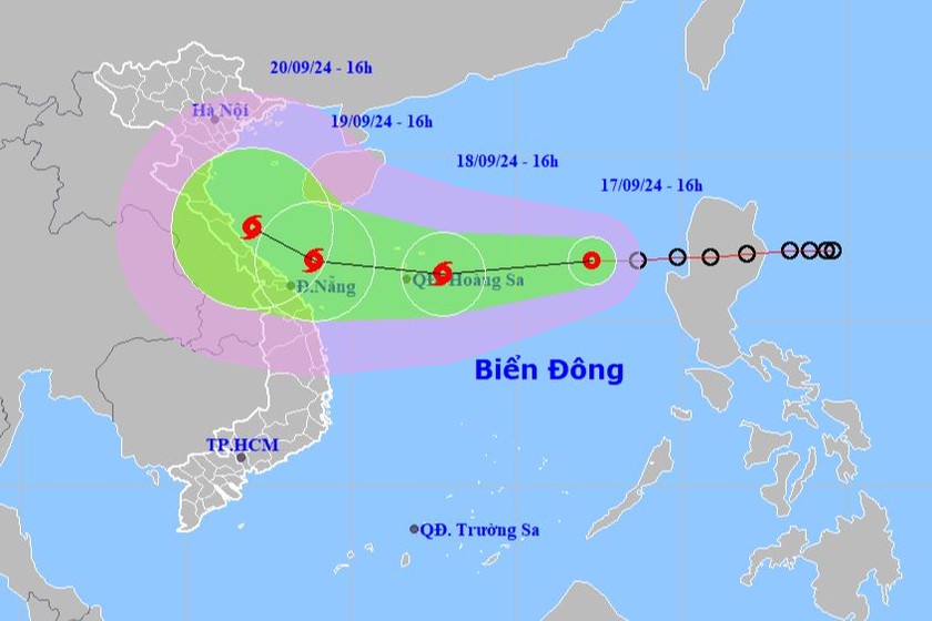 Dự báo vị trí, hướng di chuyển của áp thấp nhiệt đới trên biển Đông. Ảnh: Trung tâm dự báo KTTV Quốc gia