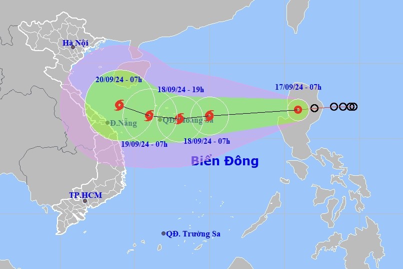 Dự báo vị trí, hướng di chuyển của áp thấp nhiệt đới. Ảnh: Trung tâm dự báo KTTV Quốc gia 