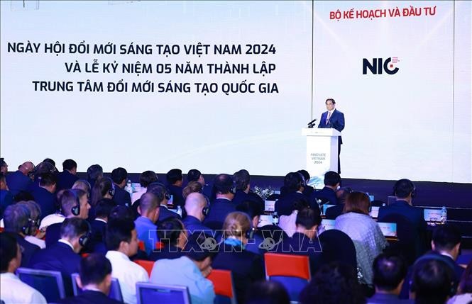 Thủ tướng Phạm Minh Chính phát biểu tại Ngày hội đổi mới sáng tạo Việt Nam năm 2024. Ảnh: Dương Giang/TTXVN