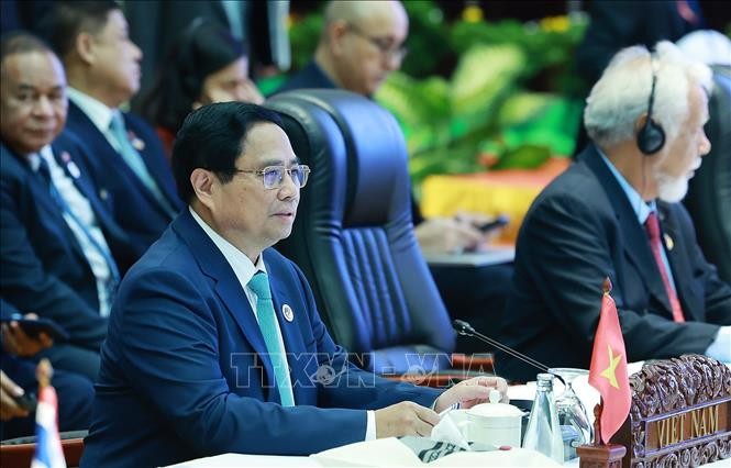 Thủ tướng Phạm Minh Chính phát biểu tại Hội nghị cấp cao ASEAN - Trung Quốc lần thứ 27. Ảnh: Dương Giang/TTXVN
