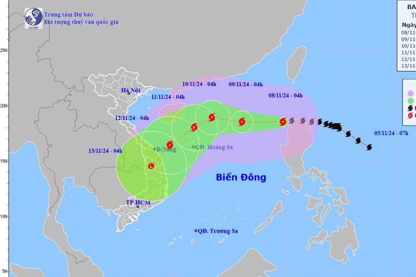 Dự báo vị trí, hướng di chuyển của bão số 7. Ảnh: Trung tâm dự báo KTTV Quốc gia