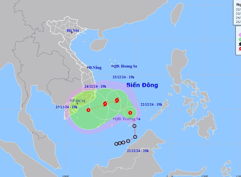 Dự báo vị trí, hướng di chuyển của áp thấp nhiệt đới. Ảnh: Trung tâm dự báo KTTV Quốc gia