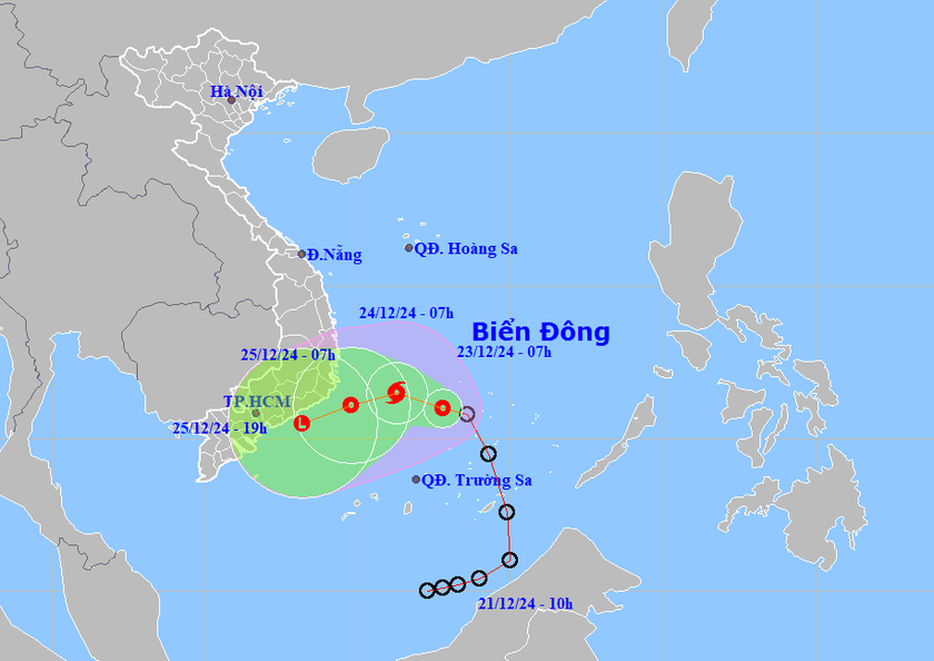 Dự báo vị trí, hướng di chuyển của áp thấp nhiệt đới. Ảnh: Trung tâm dự báo KTTV Quốc gia