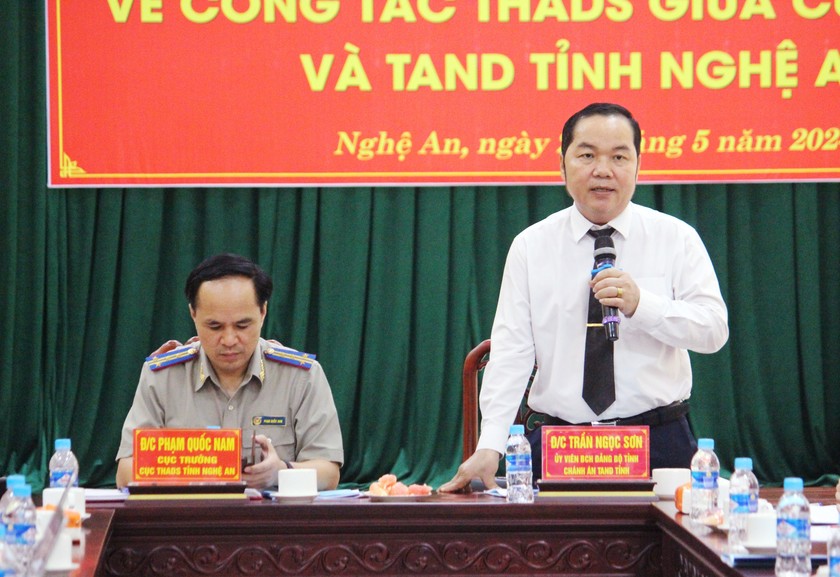 Ông Trần Ngọc Sơn - Chánh án TAND tỉnh Nghệ An phát biểu ý kiến tại hội nghị.