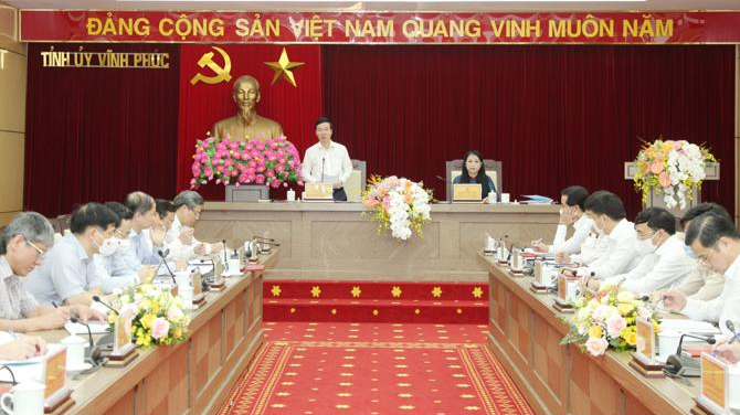 Thường trực Ban Bí thư Võ Văn Thưởng phát biểu tại buổi làm việc giữa Đoàn công tác Trung ương với tỉnh Vĩnh Phúc. 