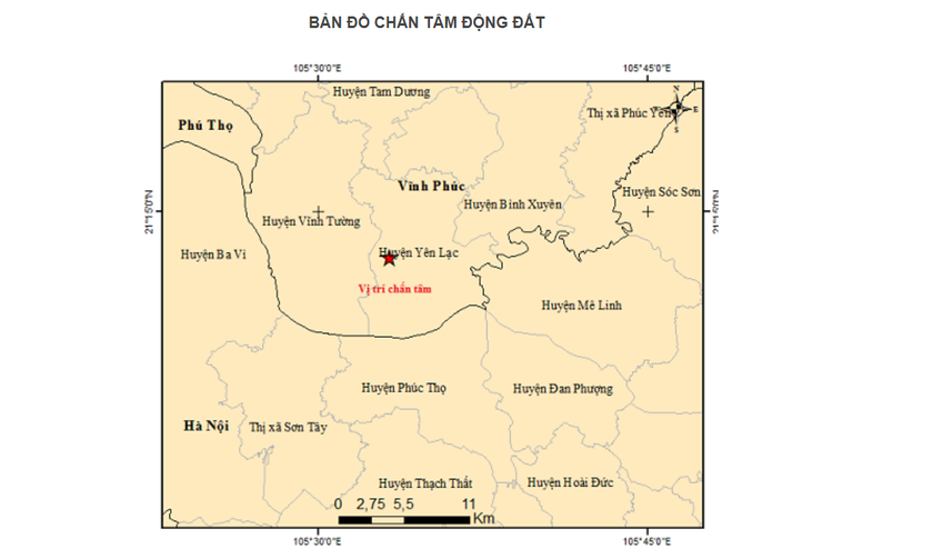 Vị trí xảy ra trận động đất ở Vĩnh Phúc. Ảnh: Viện Vật lý Địa Cầu