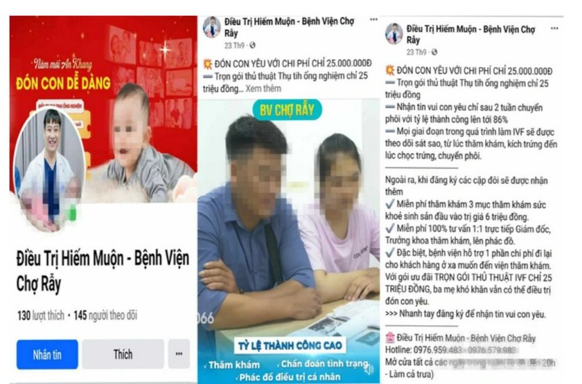 Giao diện và các thông tin quảng cáo trên trang Facebook “Điều trị hiếm muộn - Bệnh viện Chợ Rẫy”. Ảnh: Báo Tuổi trẻ