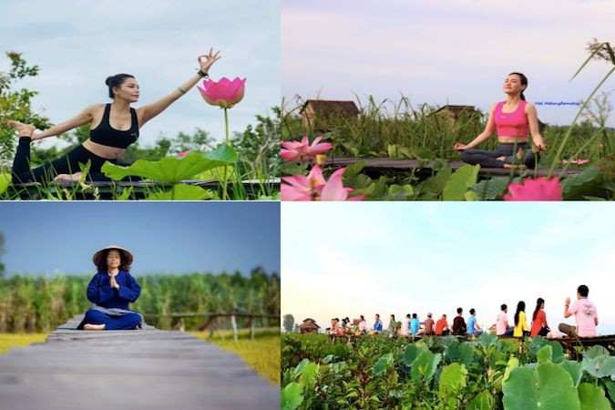 Du khách trải nghiệm yoga sen. (Nguồn: Cổng TTDL Đồng Tháp) 