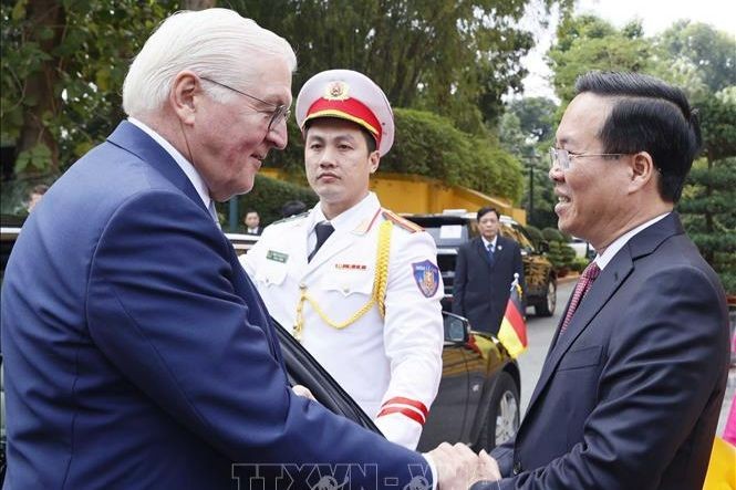 Chủ tịch nước Võ Văn Thưởng đón Tổng thống CHLB Đức Frank-Walter Steinmeier. Ảnh: Thống Nhất/TTXVN