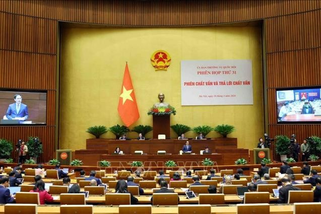 Bộ trưởng Bộ Ngoại giao Bùi Thanh Sơn trả lời chất vấn của đại biểu Quốc hội tại Phiên họp thứ 31, chiều 18/3. Ảnh: Phạm Kiên/TTXVN.